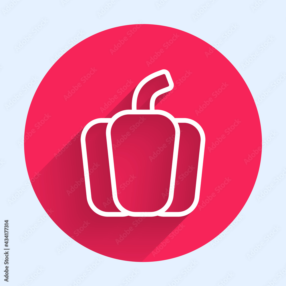 White line Bell pepper or sweet capsicum icon isolated White line background. Red circle button. Vec