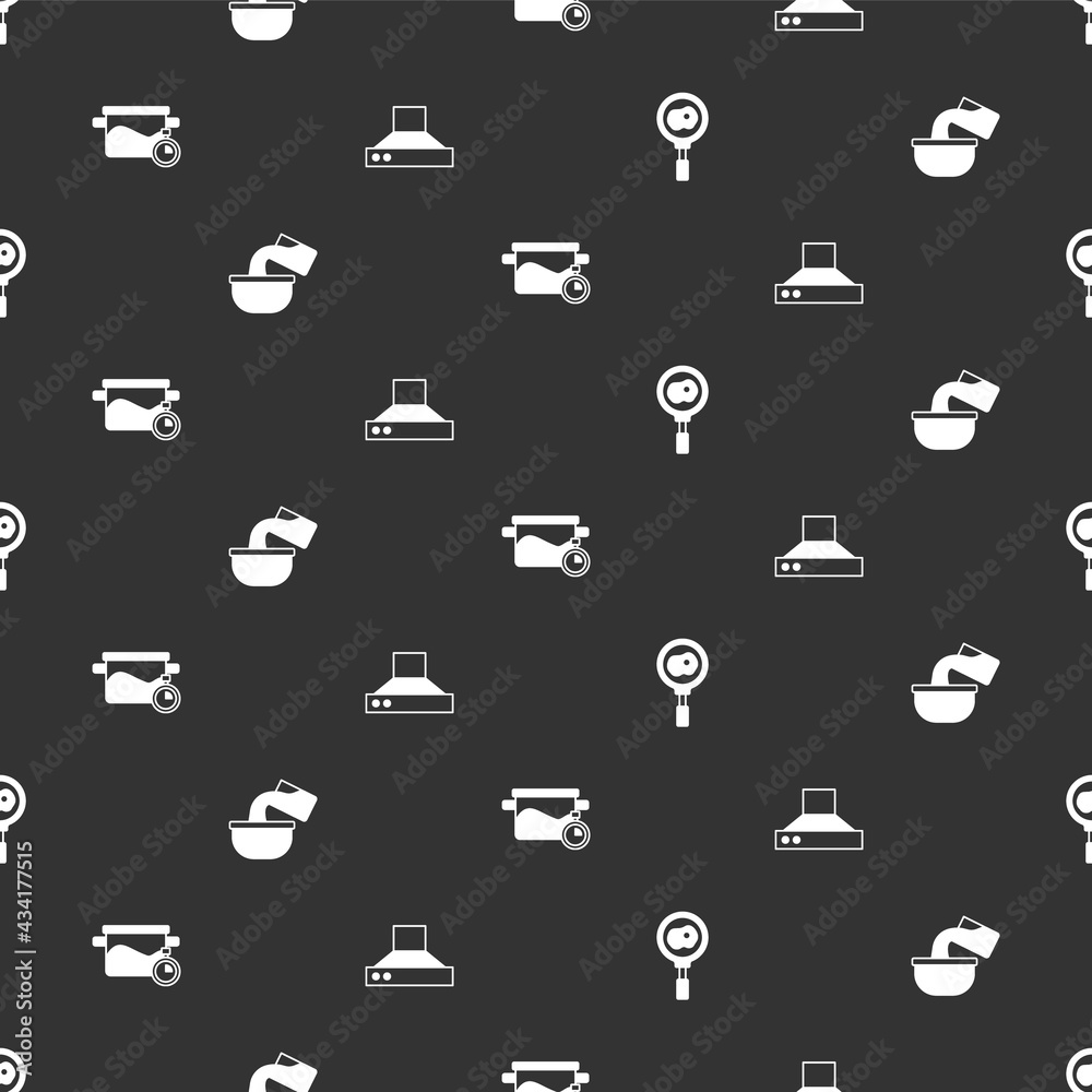 Set Fried eggs on frying pan, Saucepan, Cooking pot and Kitchen extractor fan on seamless pattern. V