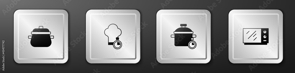 Set Cooking pot, Chef hat, and Microwave oven icon. Silver square button. Vector