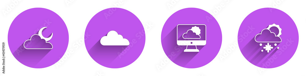 设置带月亮的云，天气预报和带长阴影的雪和太阳图标。矢量