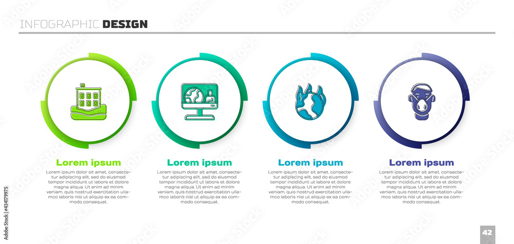 Set House flood, Weather forecast, Global warming fire and Face protective mask. Business infographi