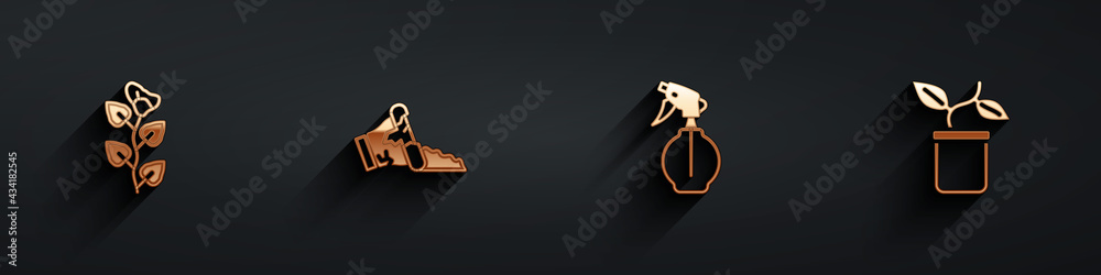 Set Ivy branch, Broken pot, Water spray bottle and Plant in icon with long shadow. Vector