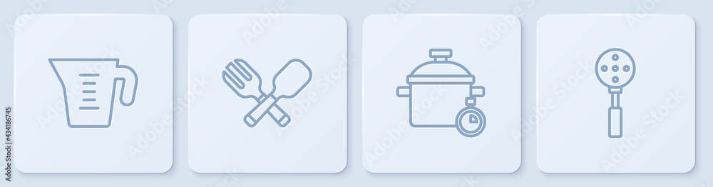 设定线量杯、烹饪锅、叉勺和抹刀。白色方形按钮。矢量