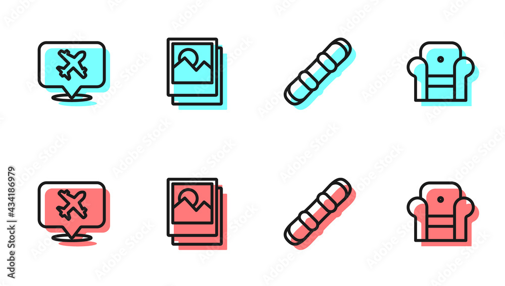 设置线路滑雪板，带飞机的语音气泡，照片和扶手椅图标。矢量
