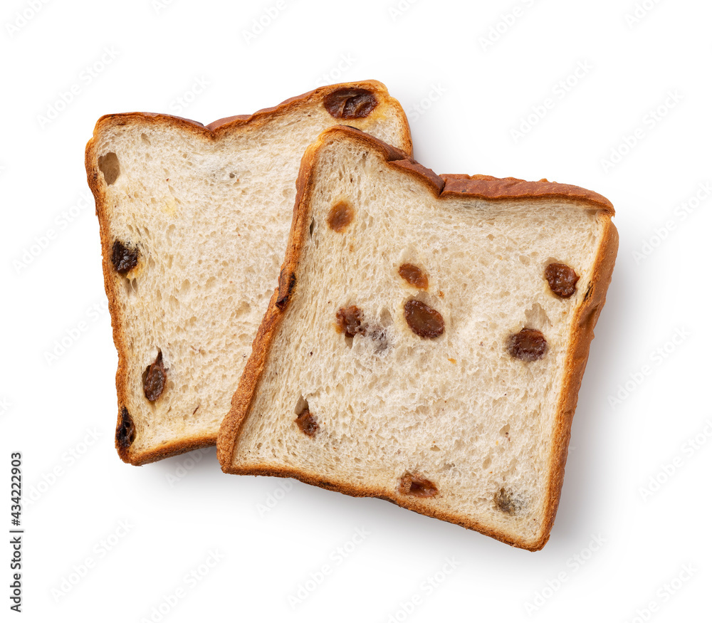 Bread with raisins placed on a white background.