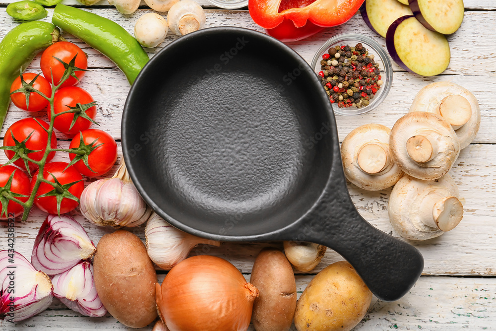 Clean frying pan with products on table