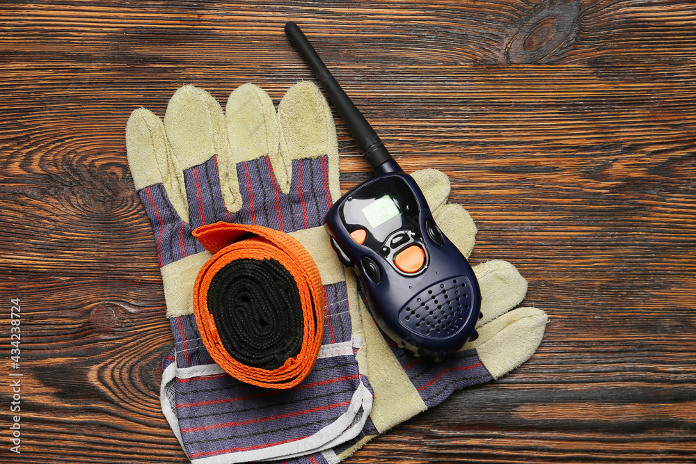 Safety equipment on wooden background