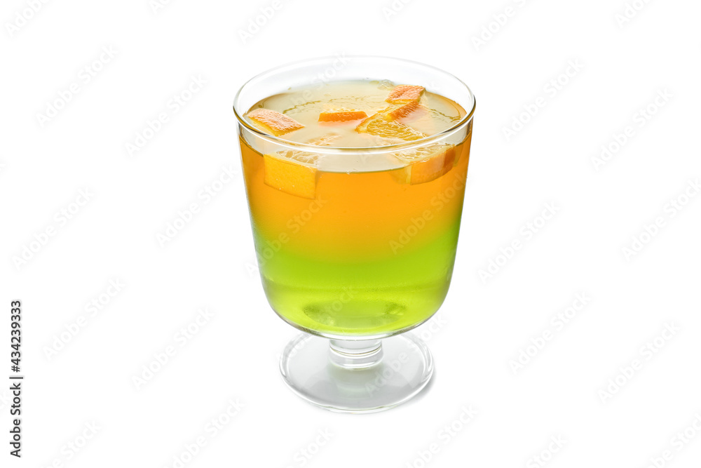 Glass of tasty fruit jelly on white background