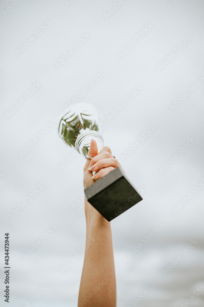 Human hand holding a trophy cup