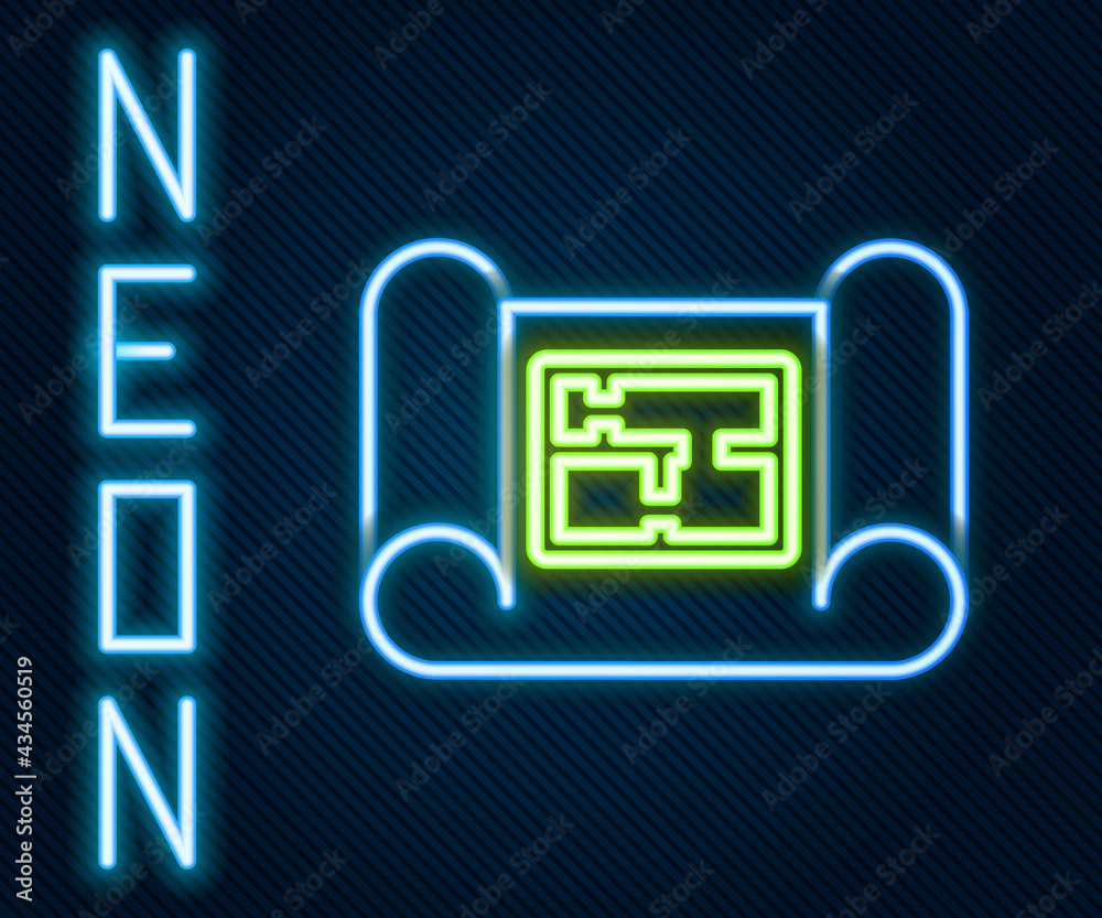 Glowing neon line House plan icon isolated on black background. Colorful outline concept. Vector Ill