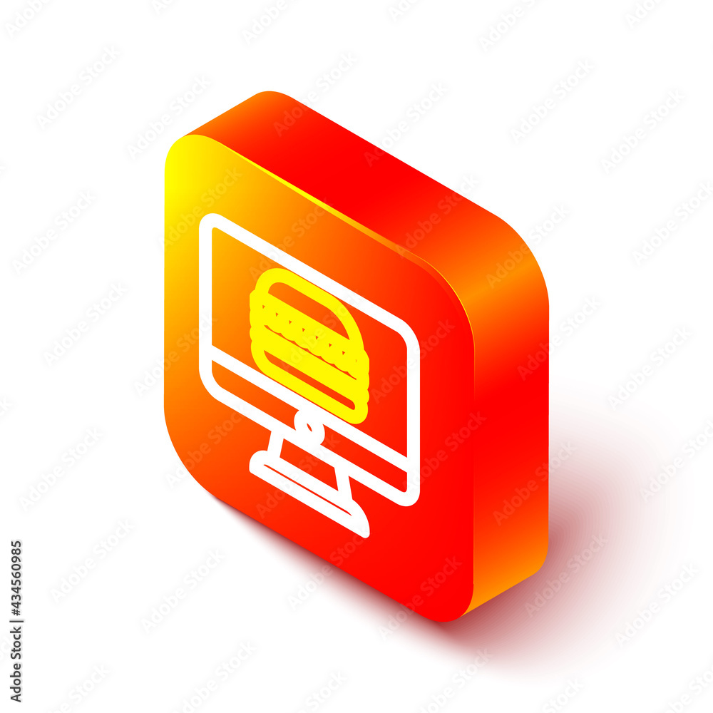 Isometric line Online ordering and fast food delivery icon isolated on white background. Orange squa