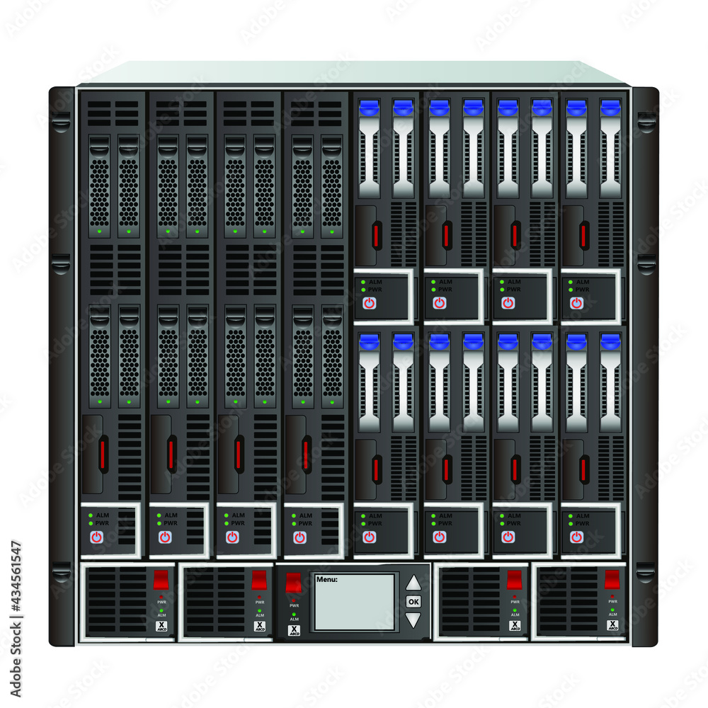 10u server blade with 12 different slot sizes, 4 power supplies and a control box. 19  rack mounti