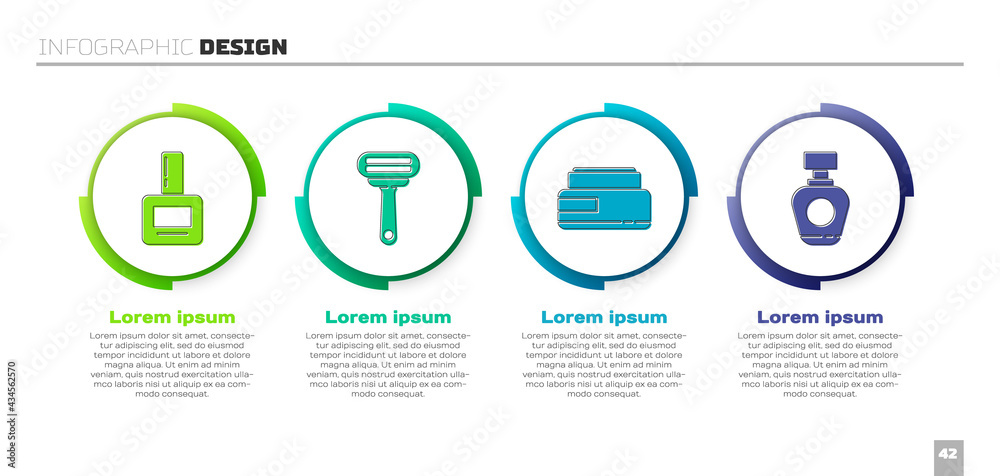 套装指甲油瓶、剃须刀、面霜或乳液化妆品管和香水。商业信息图