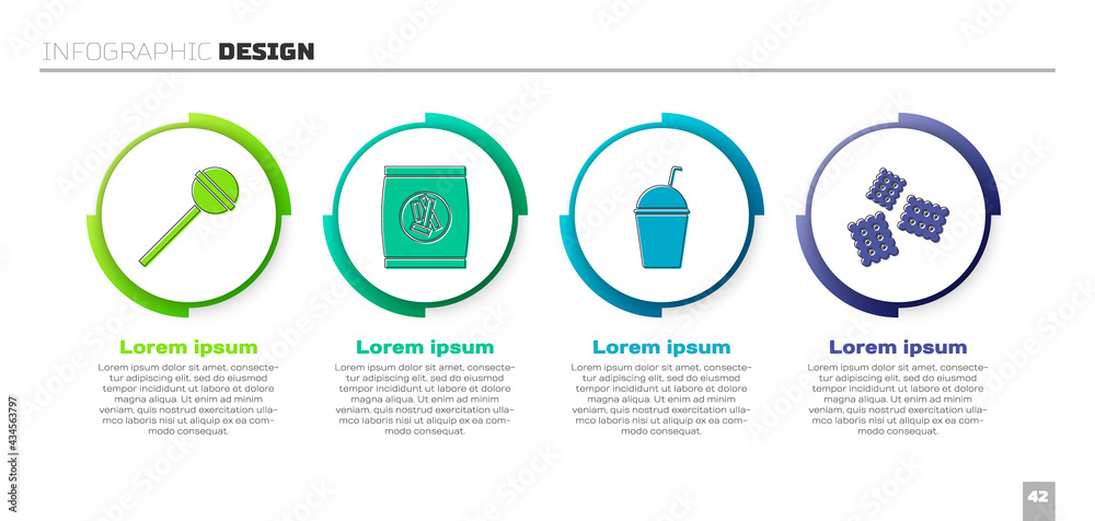 套装棒棒糖，硬面包夹饼干，奶昔和饼干。商业信息图templa