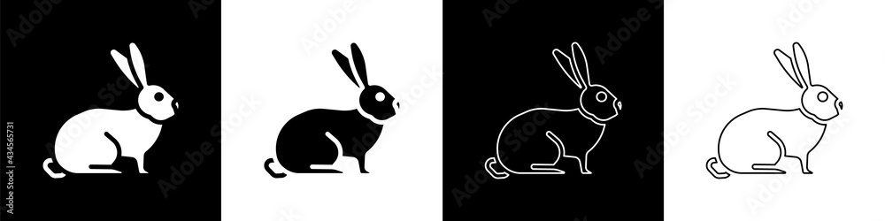 Set Rabbit icon isolated on black and white background. Vector