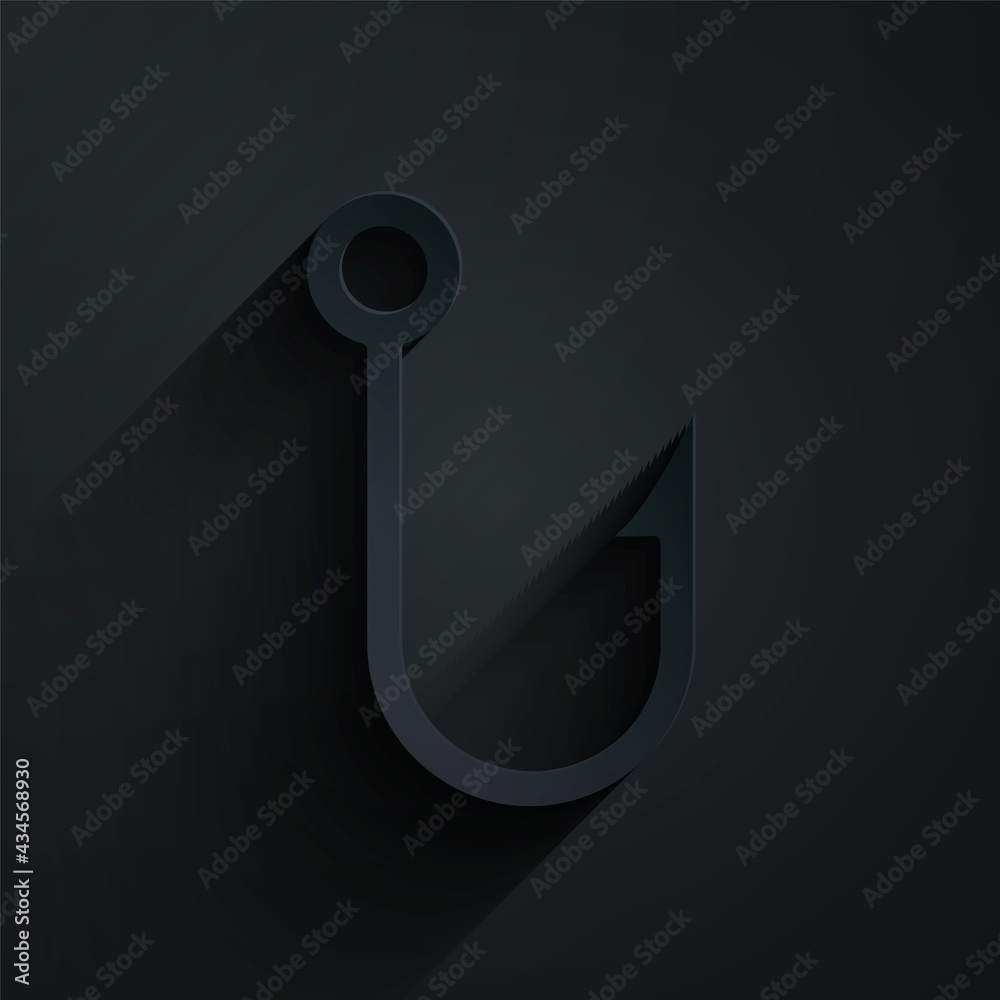 Paper cut Fishing hook icon isolated on black background. Fishing tackle. Paper art style. Vector