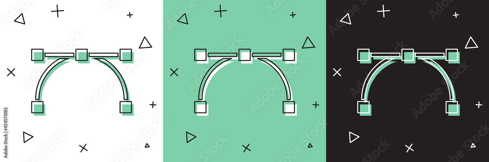 将贝塞尔曲线图标隔离在白色和绿色黑色背景上。画笔工具图标。矢量