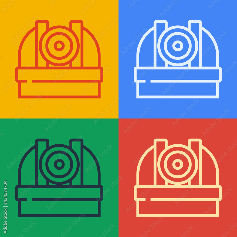 Pop art line Astronomical observatory icon isolated on color background. Observatory with a telescop