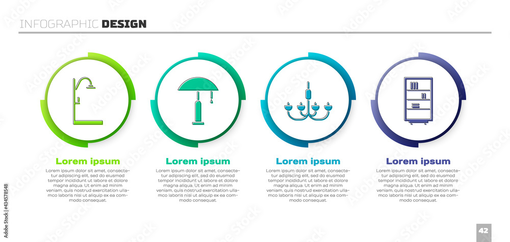 套装淋浴器、台灯、吊灯和图书馆书架。商业信息图模板。矢量
