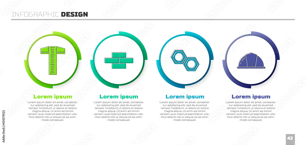设置T形直角线、砖块、六角金属螺母和工人安全帽。商业信息图templa