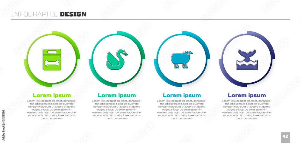 在海浪中设置狗骨、天鹅鸟、绵羊和鲸鱼尾巴。商业信息图模板。矢量