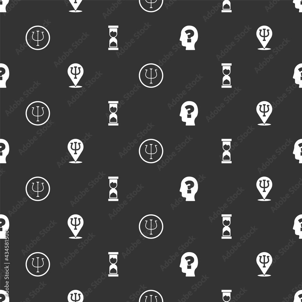 Set Head with question mark, Psychology, Psi, and Old hourglass on seamless pattern. Vector