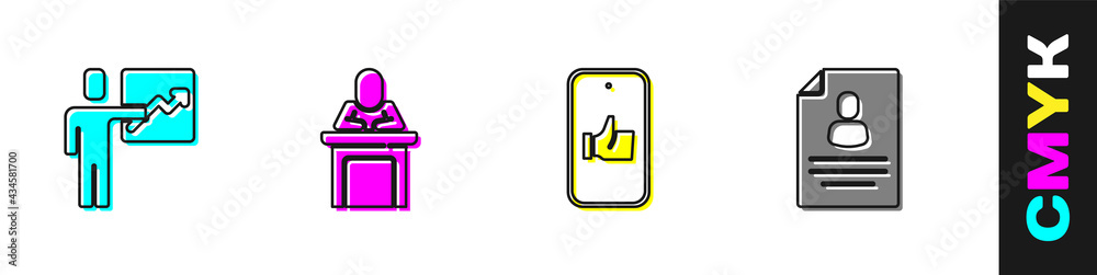 Set Team leader, Speaker, Hand like and Resume icon. Vector