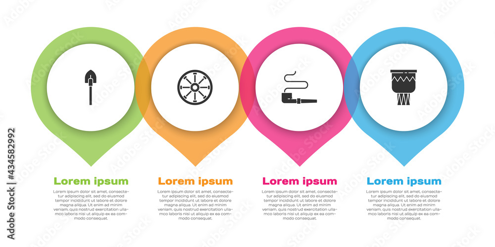 Set Shovel, Old wooden wheel, Smoking pipe and Drum. Business infographic template. Vector