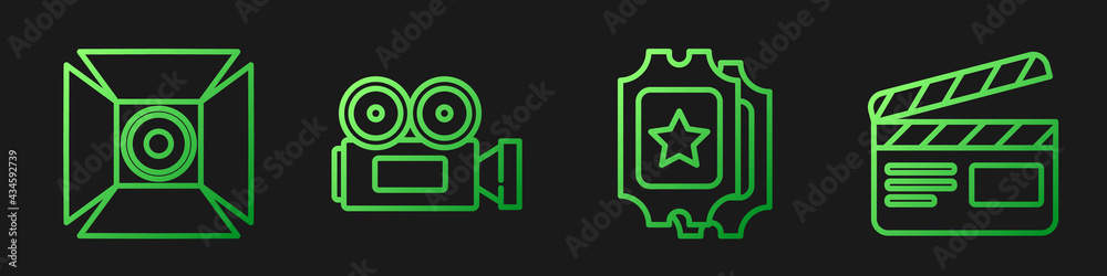 电影票、电影聚光灯、电影摄影机和电影拍板。渐变色图标。Vect