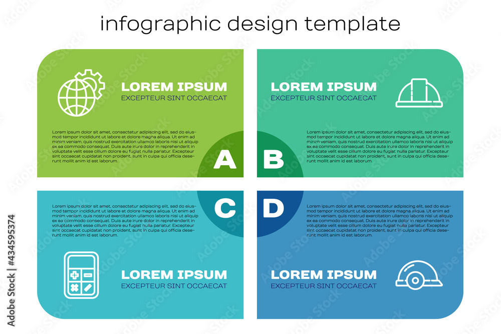 设定线计算器、地球仪和齿轮、工人安全帽和商业信息图表