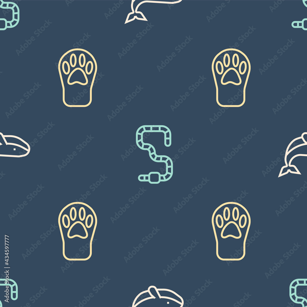 Set line Whale, Paw print and Worm on seamless pattern. Vector