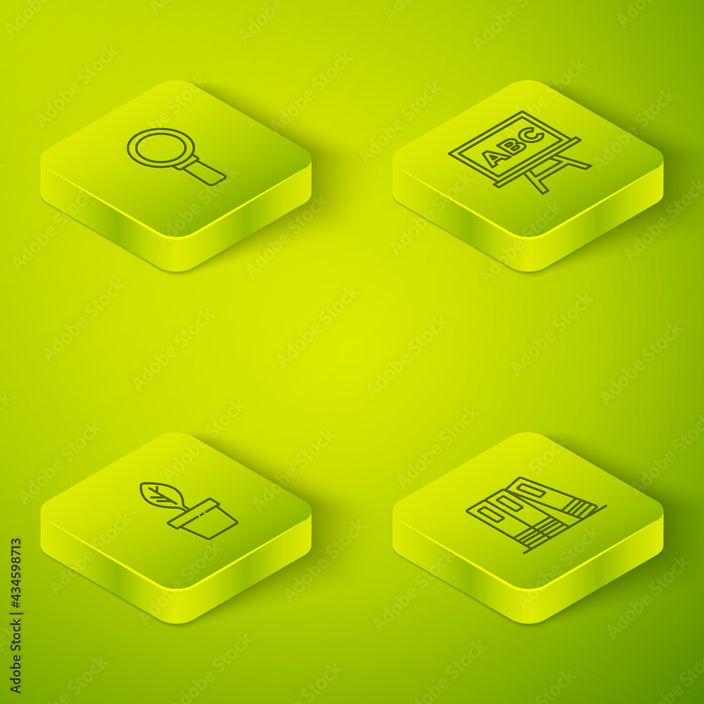 Set Isometric Chalkboard, Plant in pot, Office folders and Magnifying glass icon. Vector