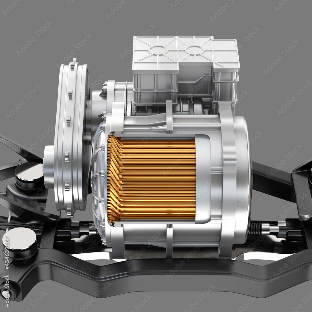 Cutaway view of Electric Vehicle Motor with suspension on gray background. 3D rendering image. 