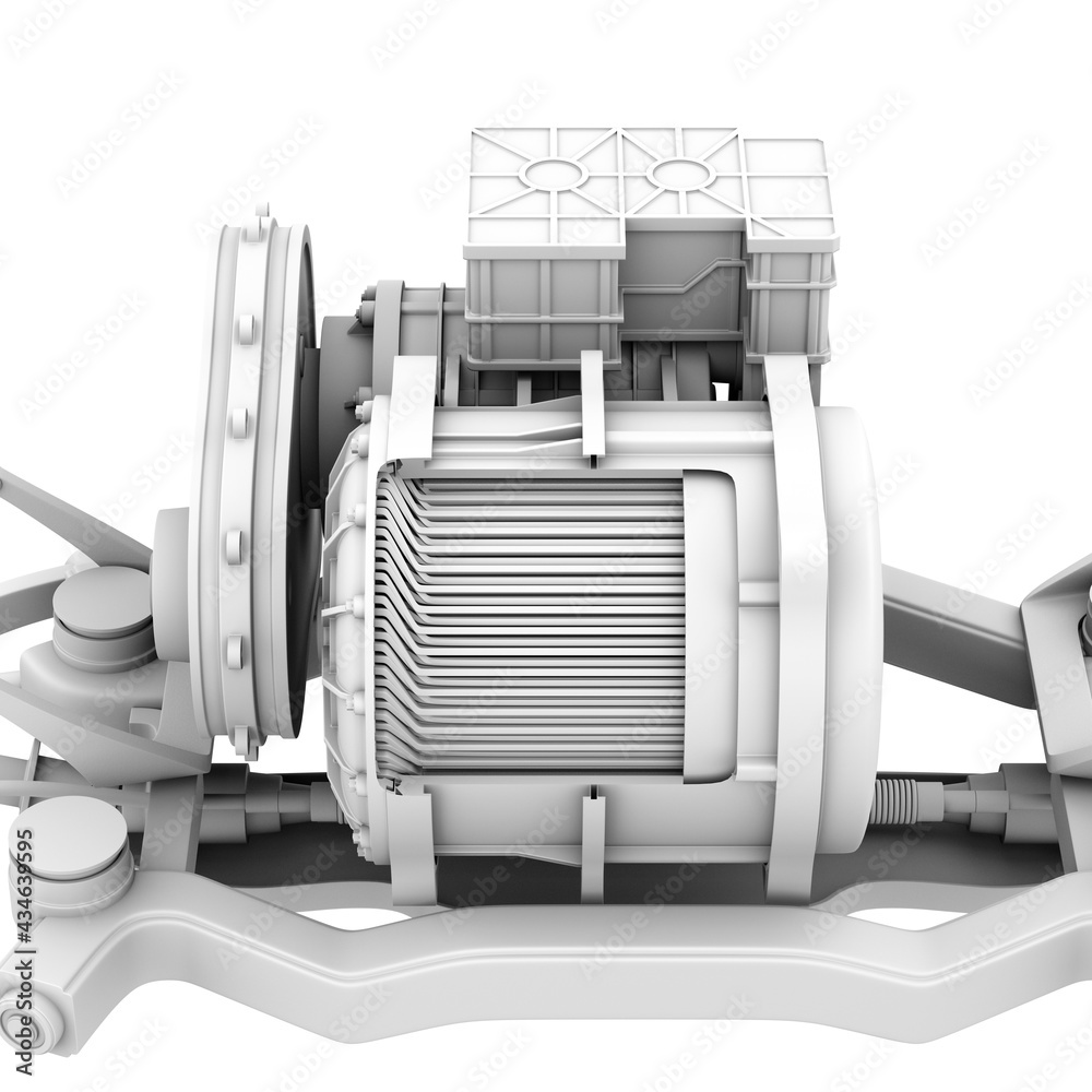 电动汽车的粘土渲染剖面图。3D渲染图像。