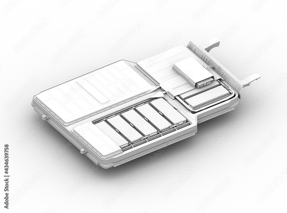 粘土渲染。电动汽车电池组的剖面图。3D渲染图像。