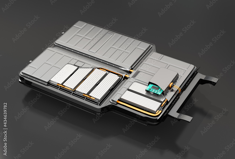 黑色背景下电动汽车电池组的剖面图。3D渲染图像。