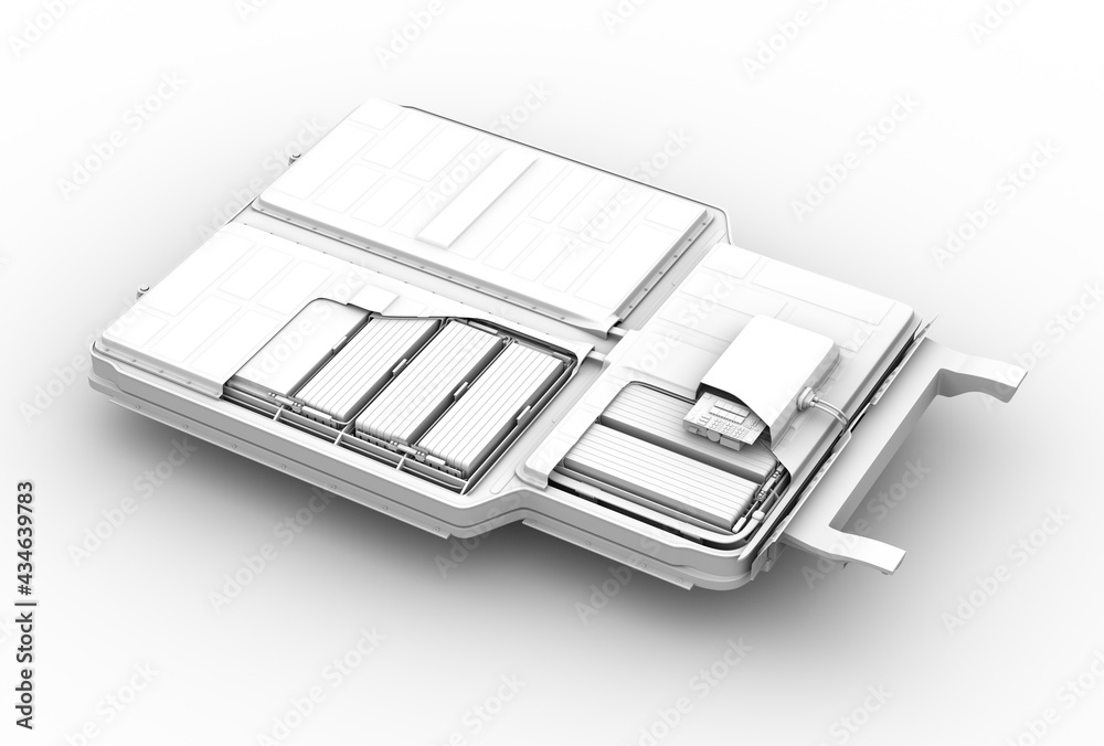 Clay rendering. Cutaway View of Electric Vehicle Battery Pack. 3D rendering image.