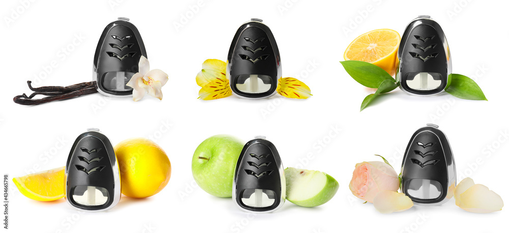 Set of car air fresheners on white background