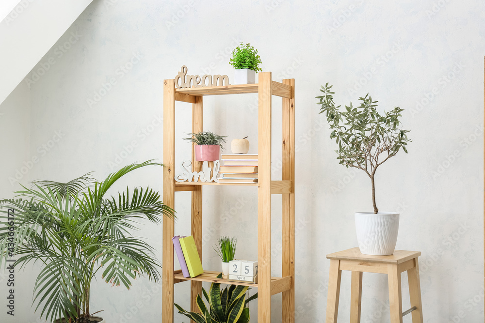 Shelf unit with books and houseplants near light wall