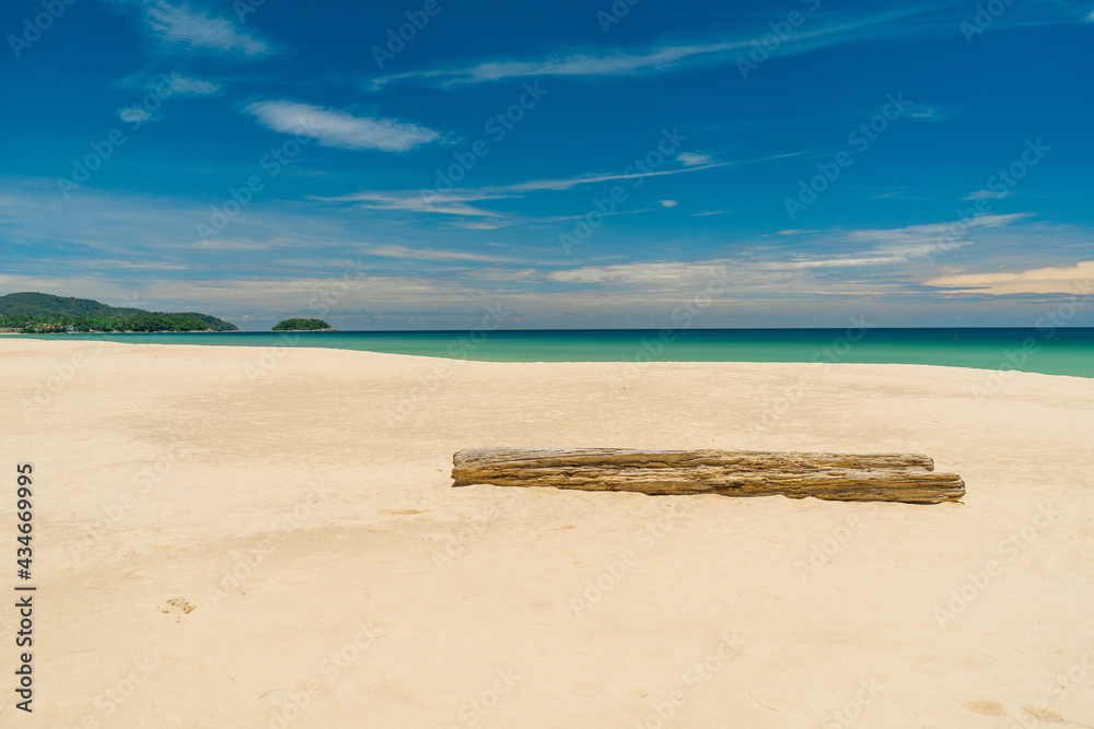 The log lies on the sandy beach of an amazing beach landscape. Summer vacation and nature travel adv