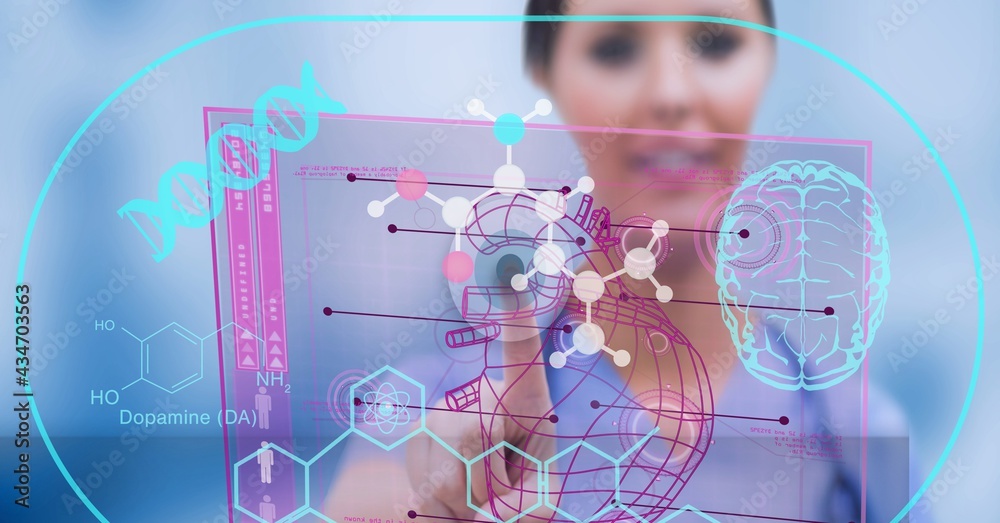 Composition of female doctor touching screen with medical data and icons