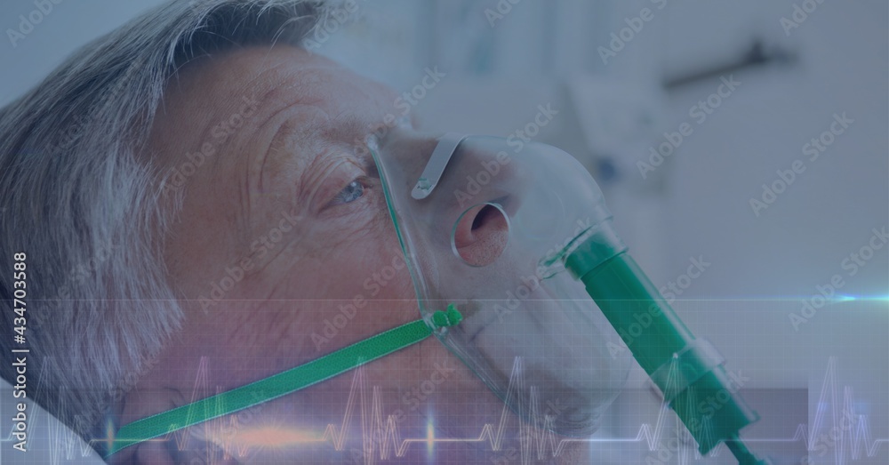 Heart rate over a senior man in an oxygen mask, healthcare concept