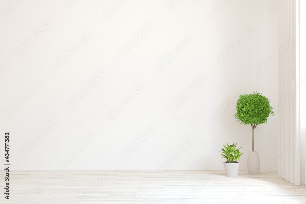 Empty wall mockup with green home plants. Scandinavian interior design. 3D illustration