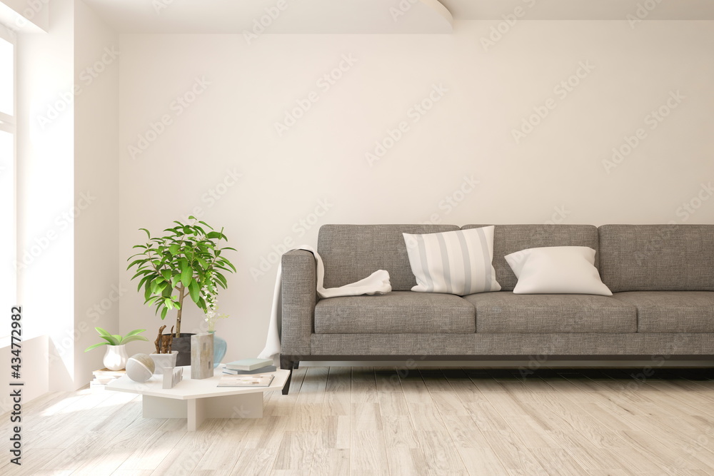 White bedroom interior. Scandinavian design. 3D illustration