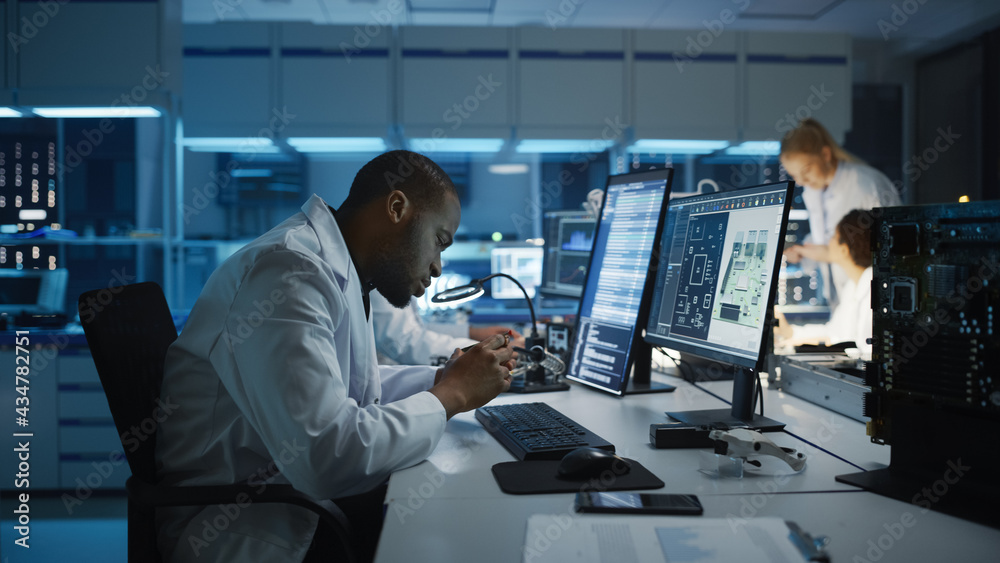 Modern Electronics Development Facility: Black Engineer and Diverse Team of Multi-Ethnic Scientists 