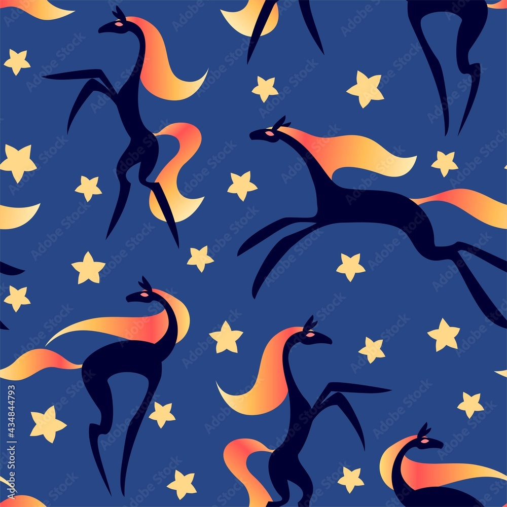 Seamless pattern with black horses with fiery manes and starry sky