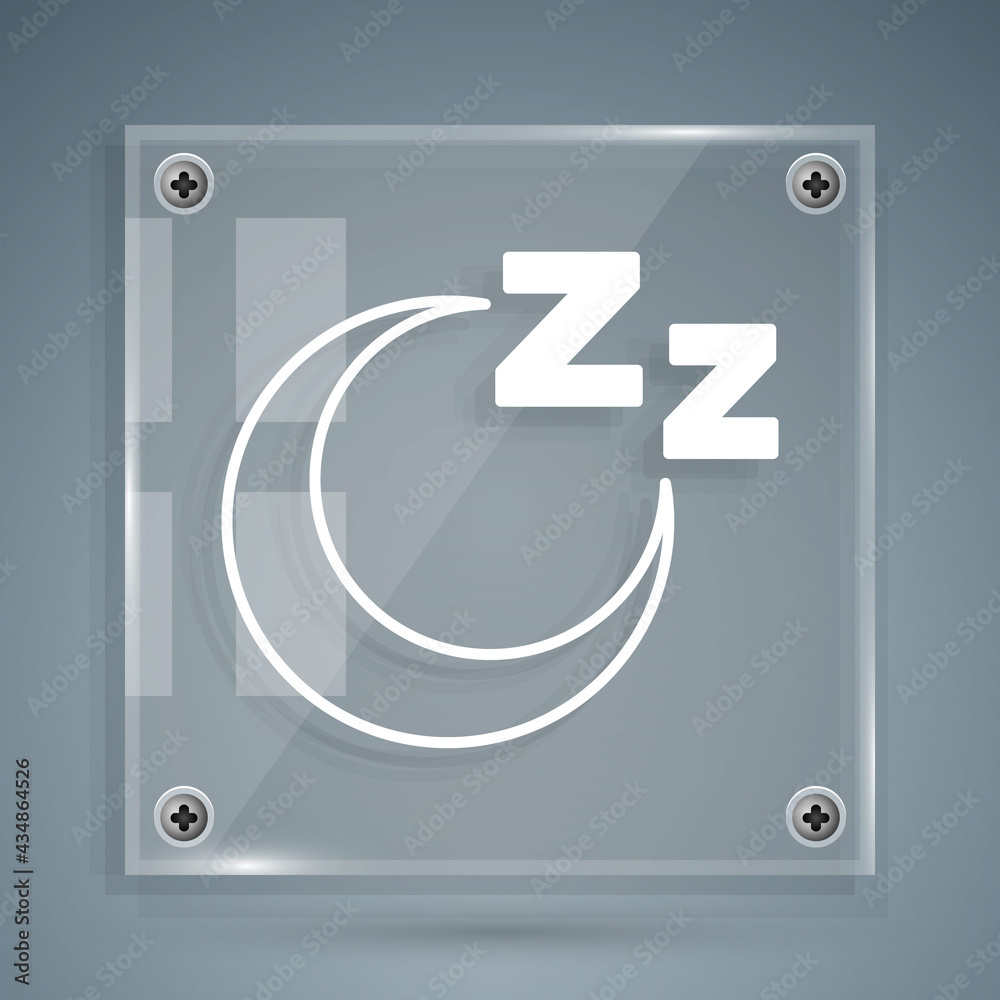 White Time to sleep icon isolated on grey background. Sleepy zzz. Healthy lifestyle. Square glass pa