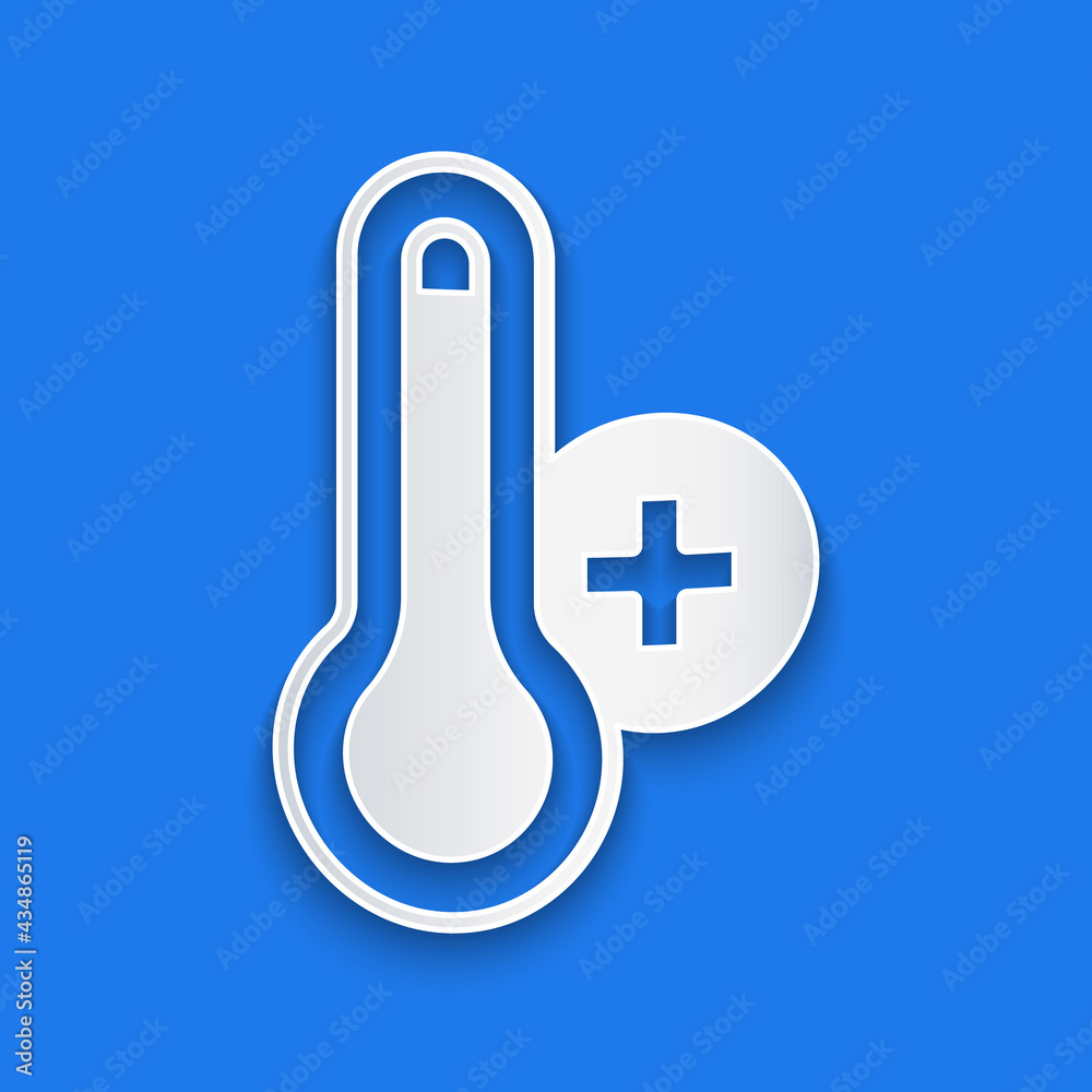 Paper cut Meteorology thermometer measuring heat and cold icon isolated on blue background. Thermome