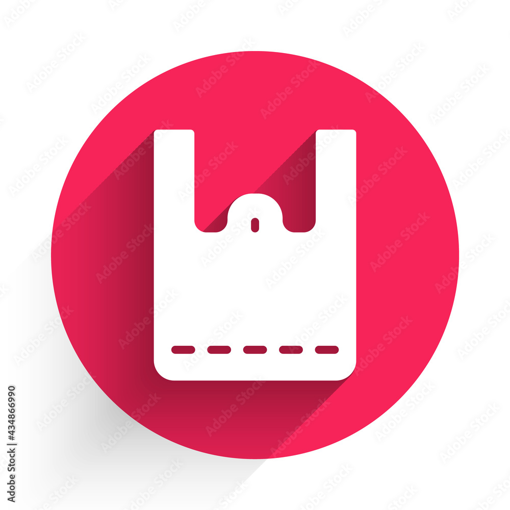 White Paper shopping bag icon isolated with long shadow. Package sign. Red circle button. Vector