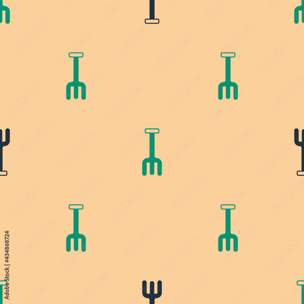 Green and black Garden rake icon isolated seamless pattern on beige background. Tool for horticultur